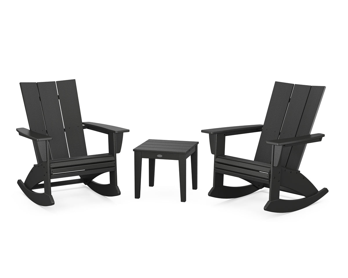 POLYWOOD Modern Curveback 3-Piece Adirondack Rocking Chair Set in Black