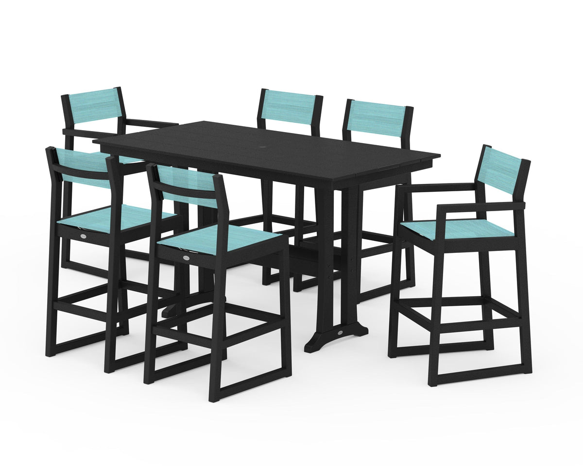 POLYWOOD EDGE Sling 7-Piece Farmhouse Bar Set with Trestle Legs in Black / Dupioni Aquamarine