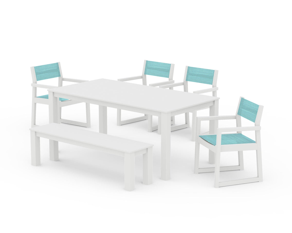 POLYWOOD EDGE Sling Arm Chair 6-Piece Parsons Dining Set with Bench in White / Dupioni Aquamarine