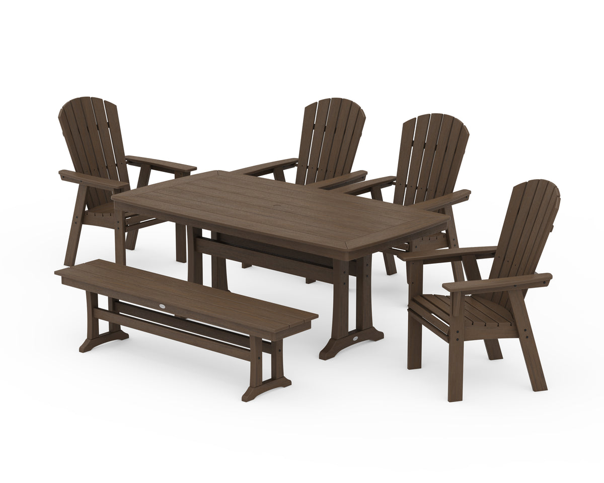 POLYWOOD Nautical Curveback Adirondack 6-Piece Dining Set with Trestle Legs and Bench in Kona