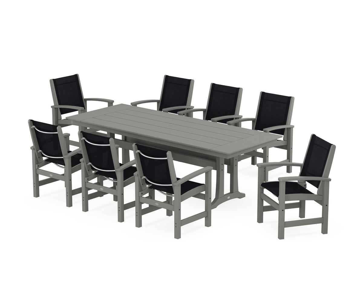 POLYWOOD Coastal 9-Piece Farmhouse Dining Set with Trestle Legs in Slate Grey / Black