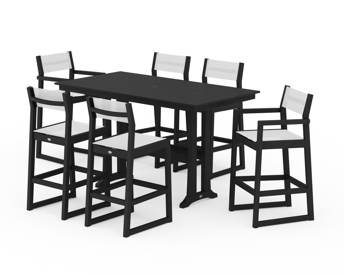 POLYWOOD EDGE Sling 7-Piece Farmhouse Bar Set with Trestle Legs in Black / White