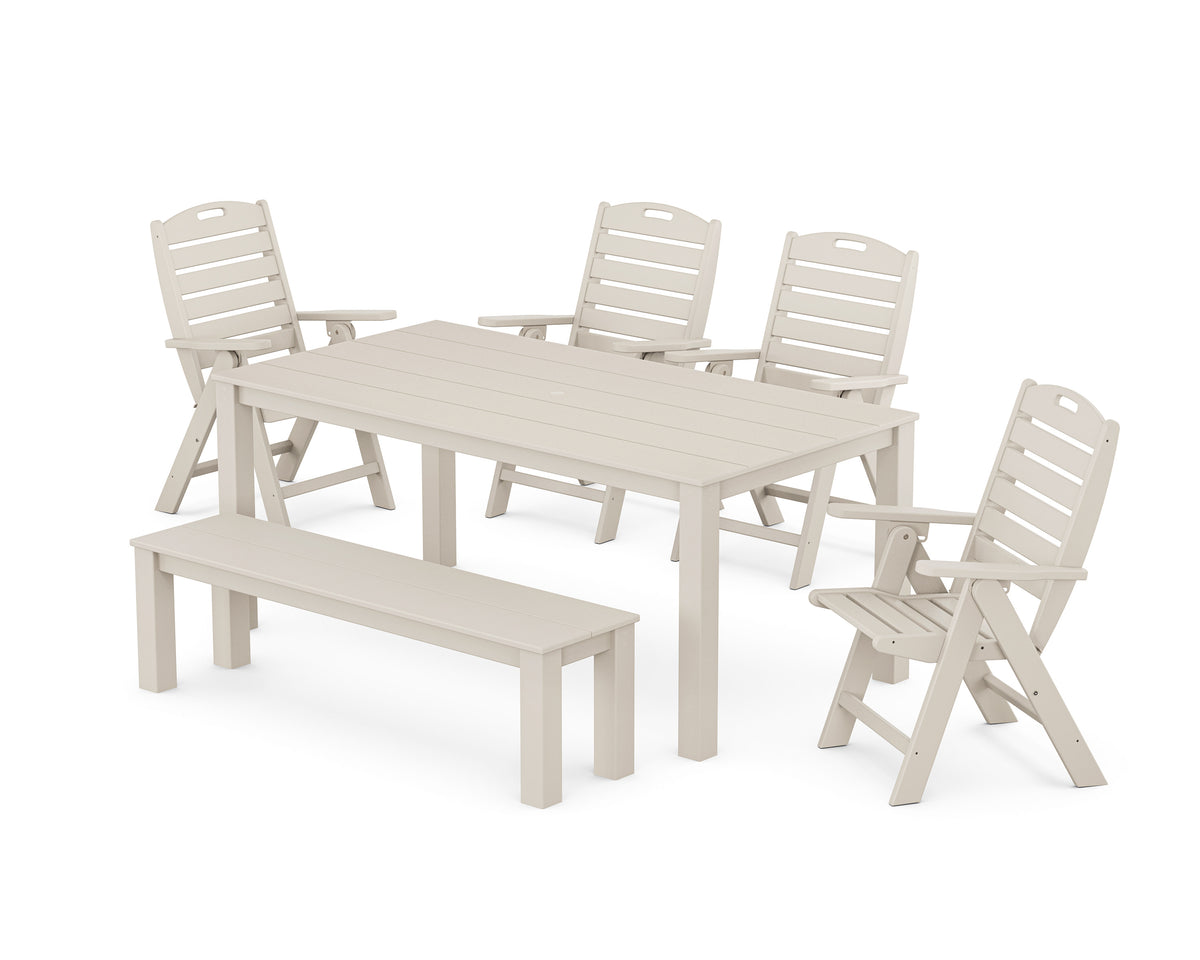 POLYWOOD Nautical Folding Highback Chair 6-Piece Parsons Dining Set with Bench in Sand