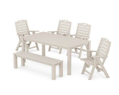 POLYWOOD Nautical Folding Highback Chair 6-Piece Parsons Dining Set with Bench in Sand