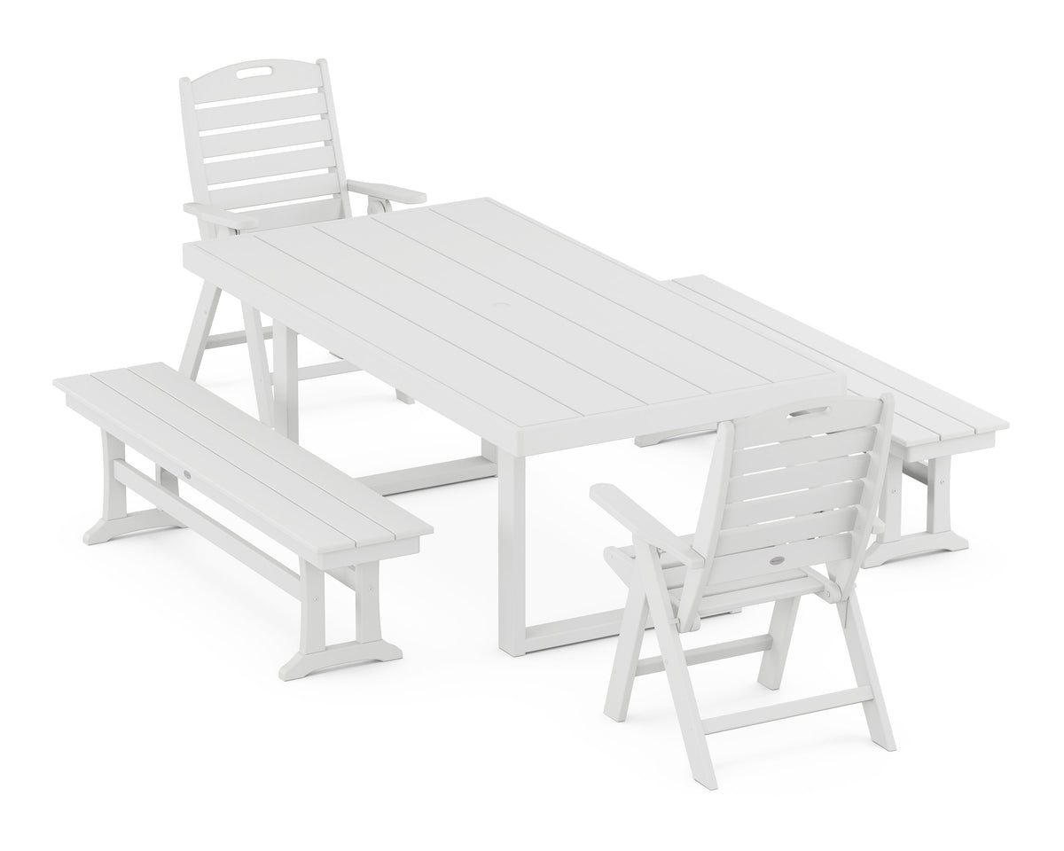 POLYWOOD Nautical Folding Highback 5-Piece Dining Set with Trestle Legs in White