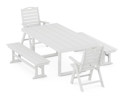 POLYWOOD Nautical Folding Highback 5-Piece Dining Set with Trestle Legs in White