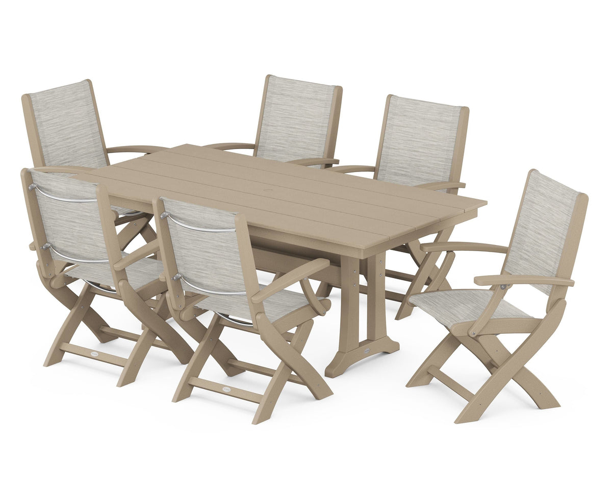 POLYWOOD Coastal Folding Arm Chair 7-Piece Farmhouse Dining Set with Trestle Legs in Vintage Sahara / Birch
