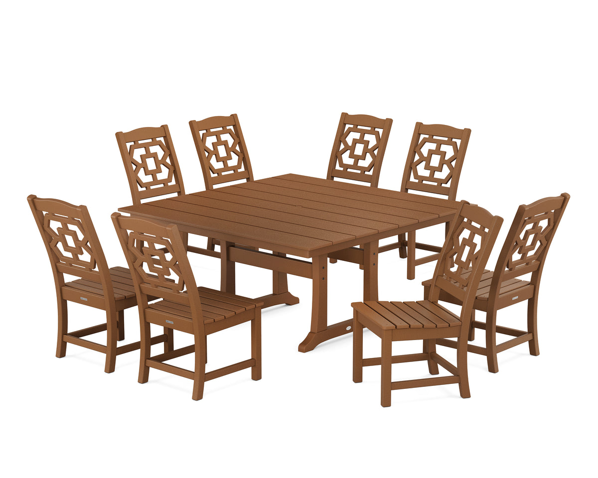 POLYWOOD Chinoiserie 9-Piece Square Farmhouse Side Chair Dining Set with Trestle Legs in Teak