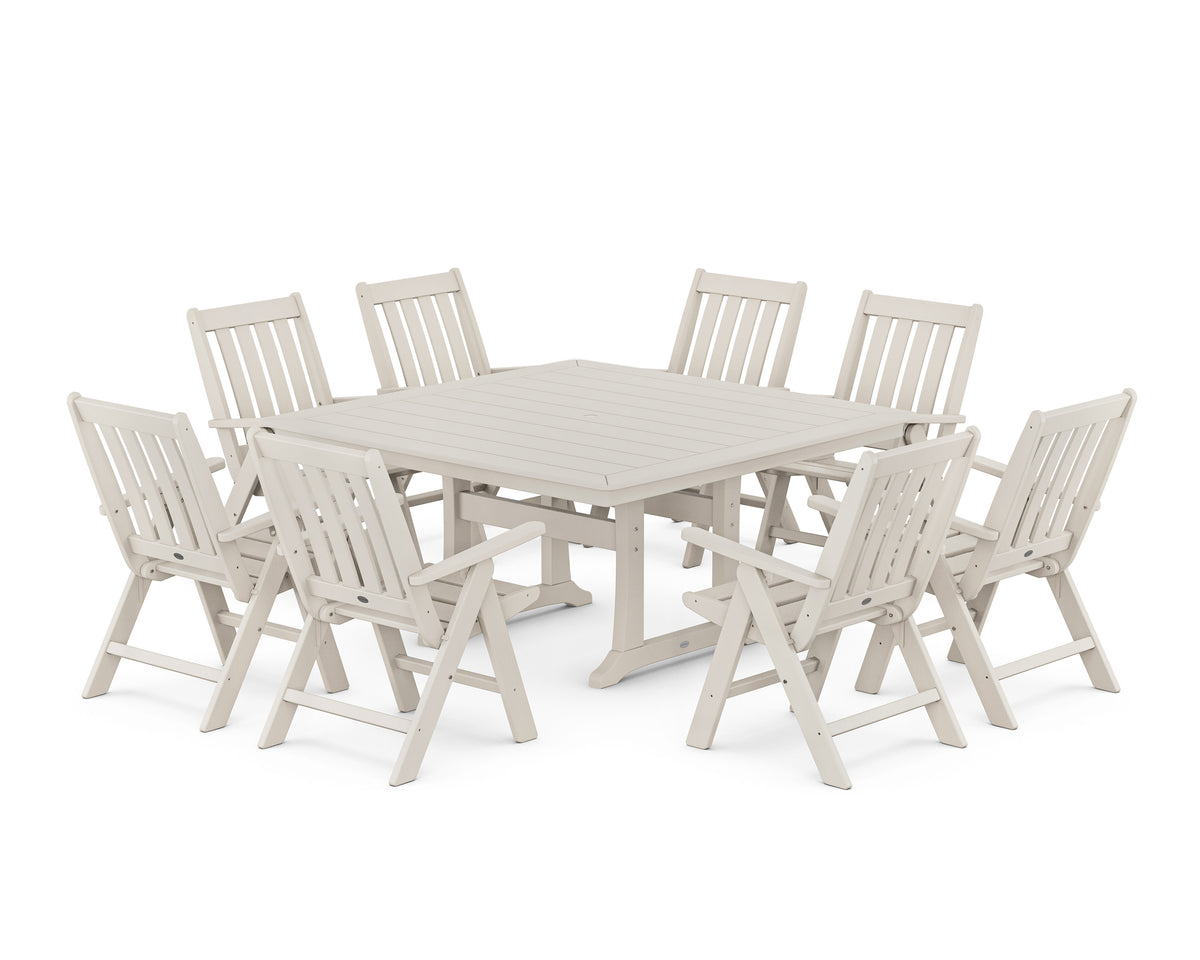POLYWOOD Vineyard Folding Chair 9-Piece Square Dining Set with Trestle Legs in Sand