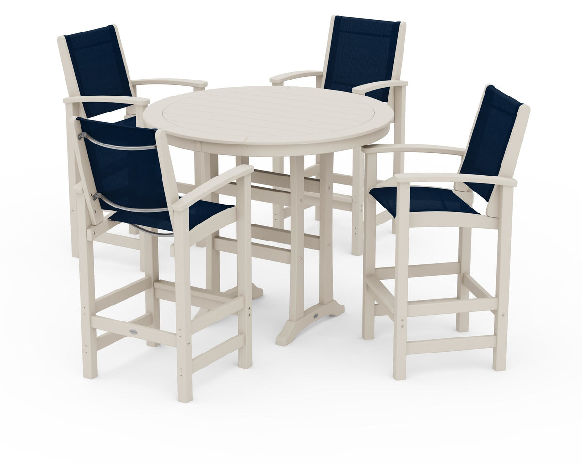 POLYWOOD Coastal 5-Piece Nautical Trestle Bar Set in Sand / Navy Blue