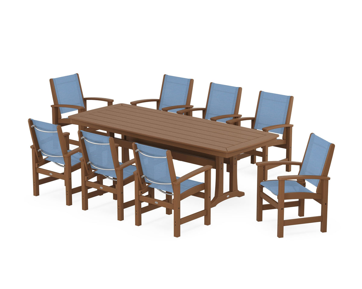POLYWOOD Coastal 9-Piece Dining Set with Trestle Legs in Teak / Poolside