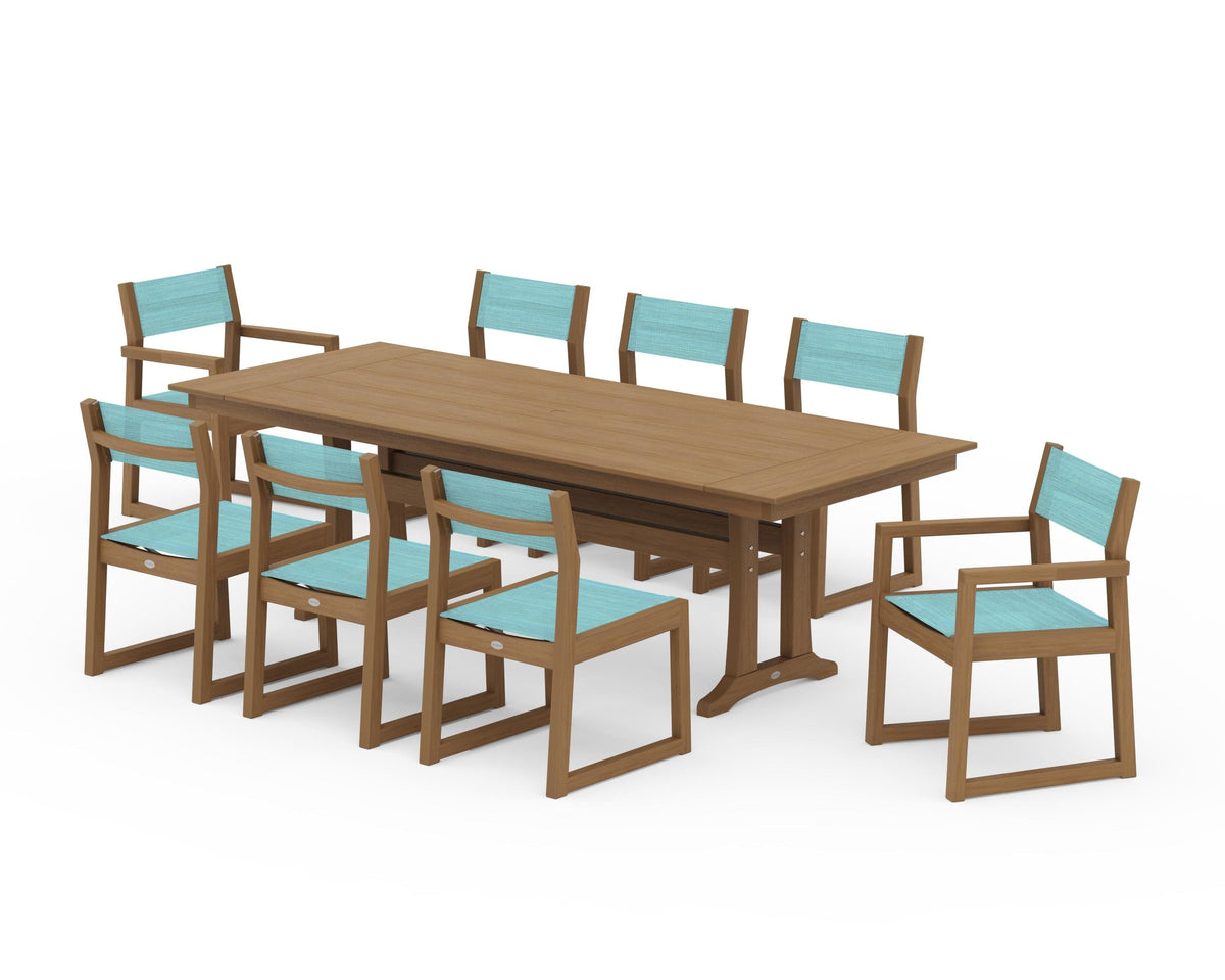 POLYWOOD EDGE Sling 9-Piece Farmhouse Trestle Dining Set in Natural / Dupioni Aquamarine
