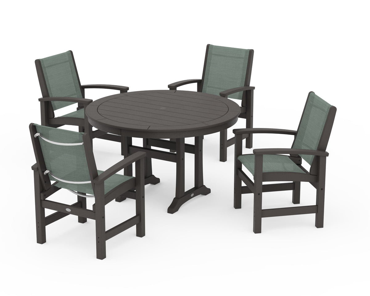 POLYWOOD Coastal 5-Piece Round Dining Set with Trestle Legs in Vintage Coffee / Dupioni Sea Mist