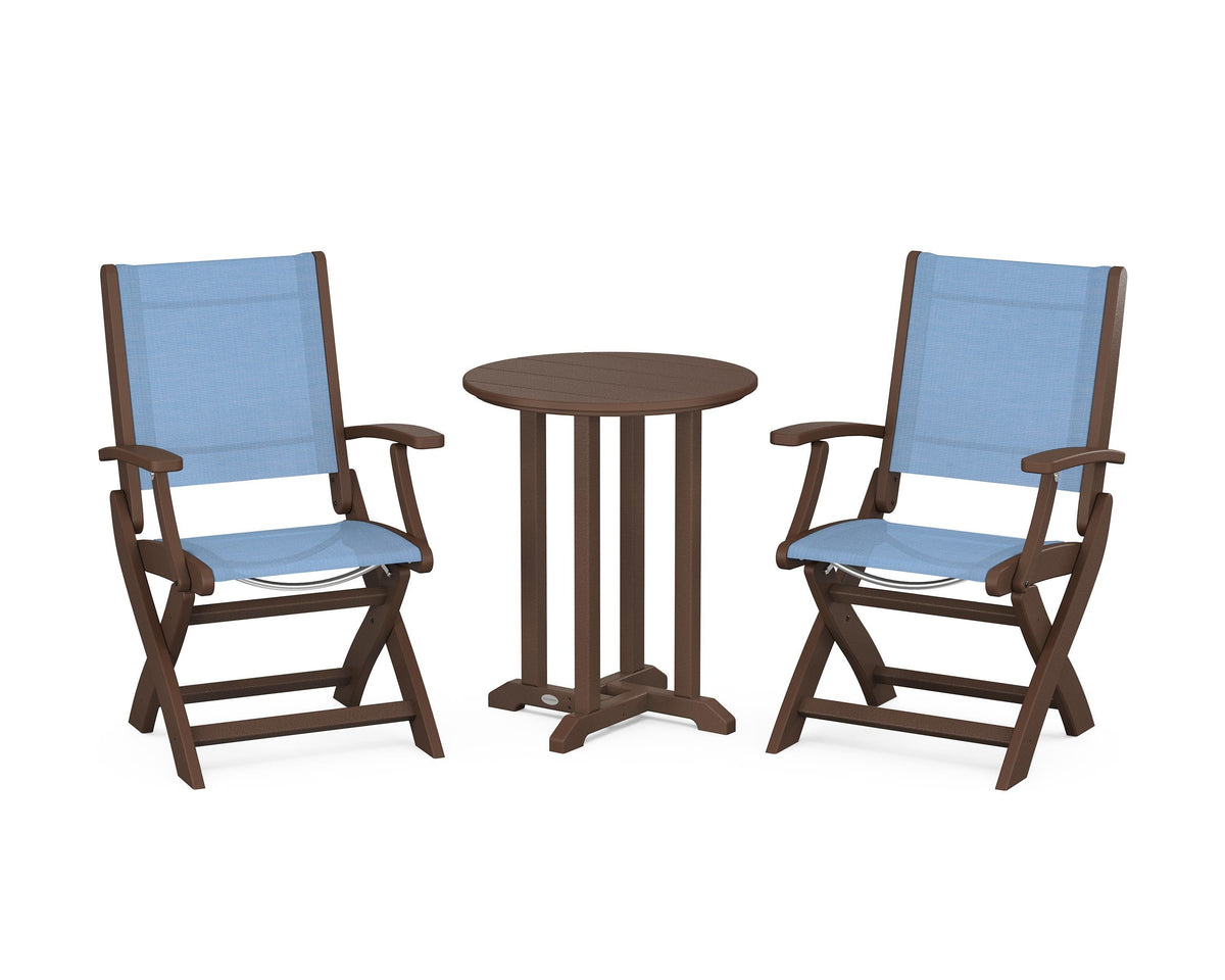 POLYWOOD Coastal Folding 3-Piece Round Bistro Dining Set in Mahogany / Poolside