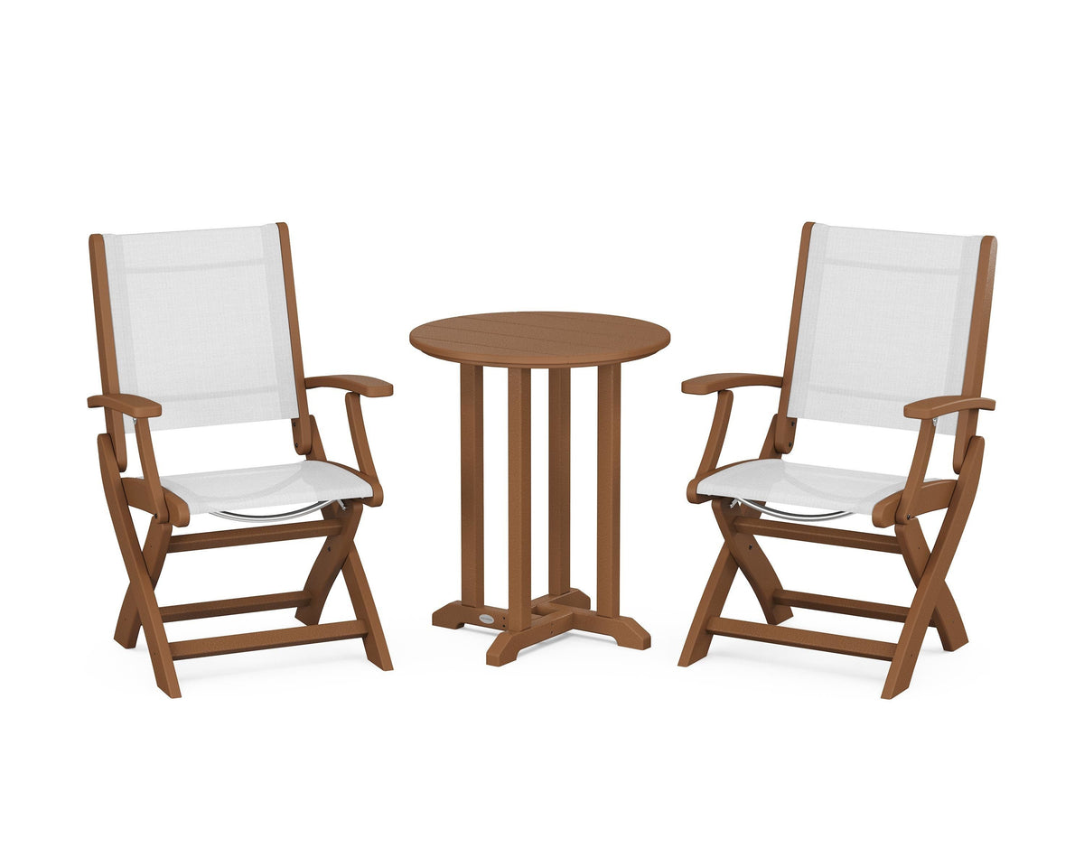 POLYWOOD Coastal Folding 3-Piece Round Bistro Dining Set in Teak / White