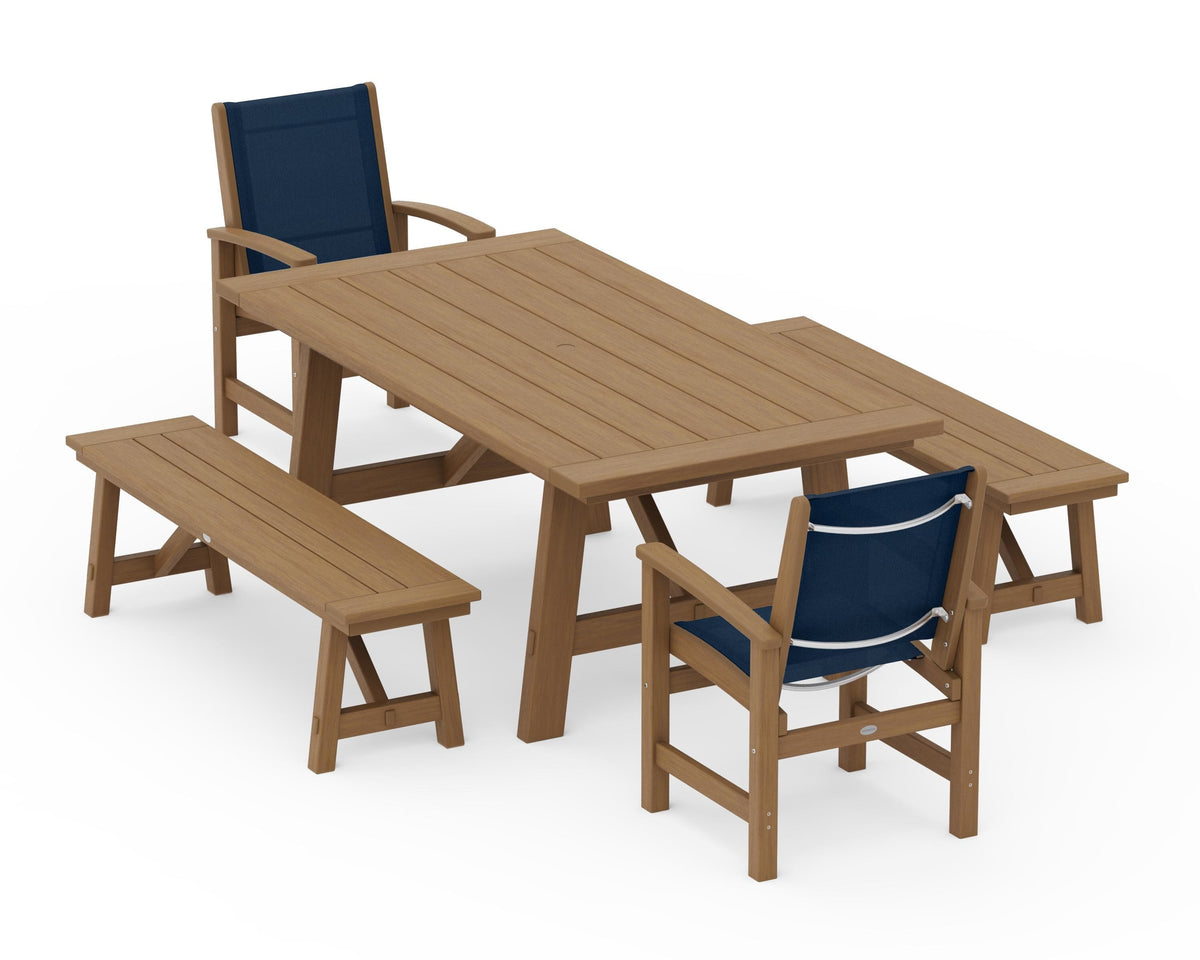 POLYWOOD Coastal 5-Piece Rustic Farmhouse Dining Set With Benches in Natural / Navy Blue