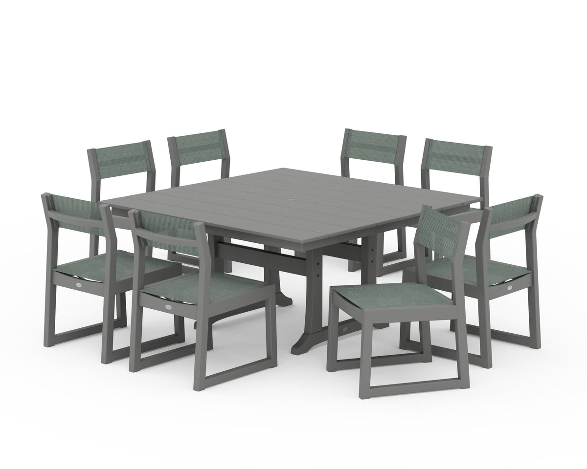 POLYWOOD EDGE Sling Side Chair 9-Piece Farmhouse Trestle Dining Set in Slate Grey / Dupioni Sea Mist