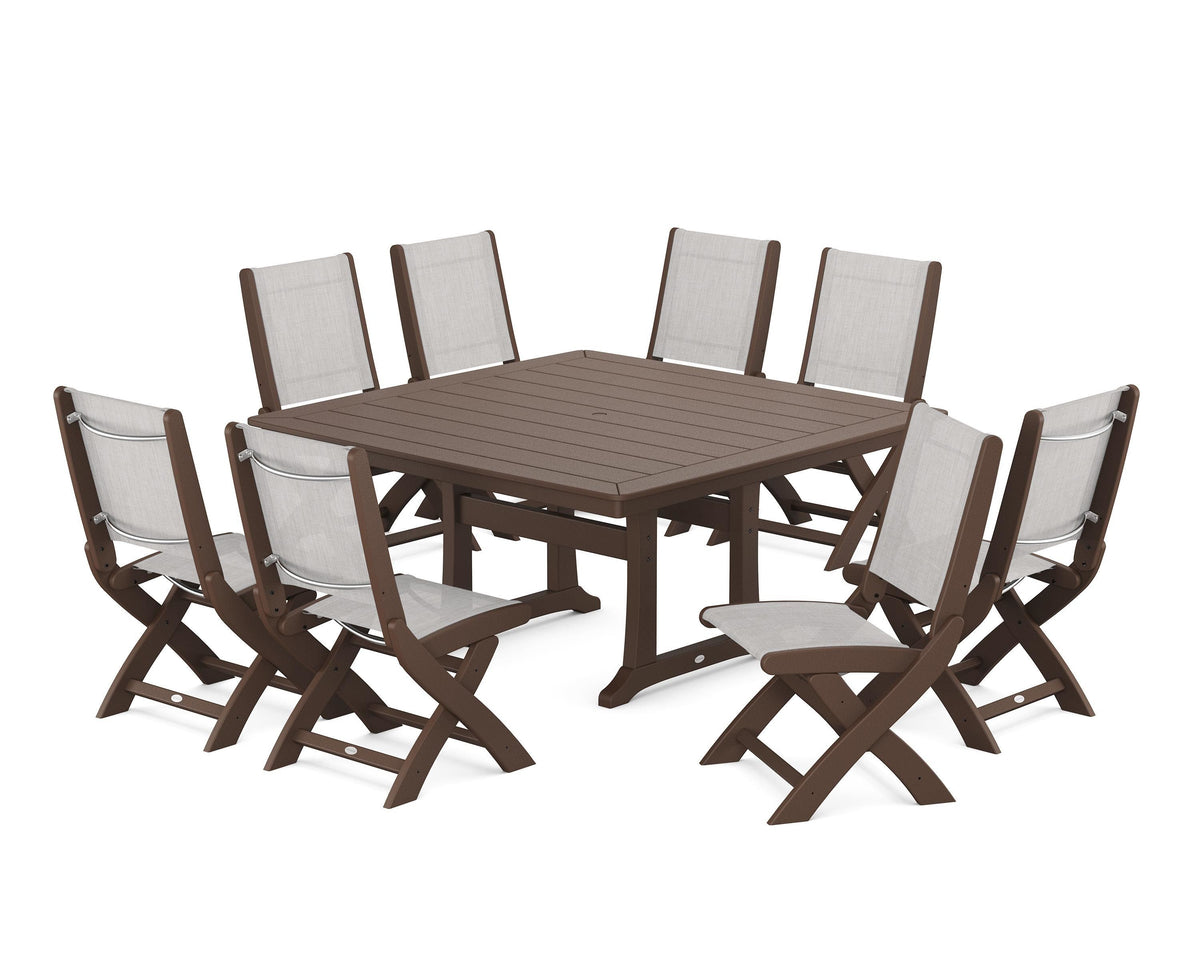 POLYWOOD Coastal Folding Side Chair 9-Piece Dining Set with Trestle Legs in Mahogany / Parchment