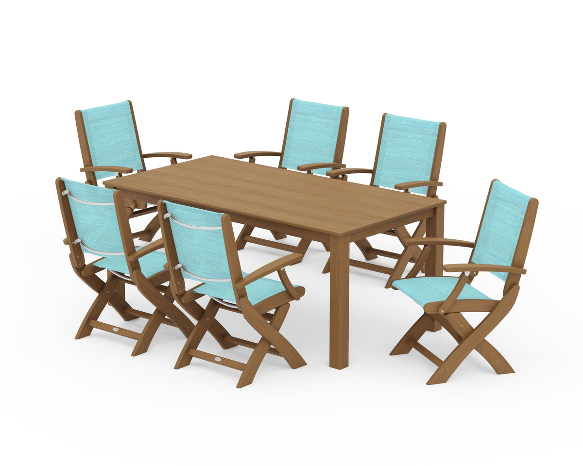 POLYWOOD Coastal Folding Chair 7-Piece Parsons Dining Set in Natural / Dupioni Aquamarine