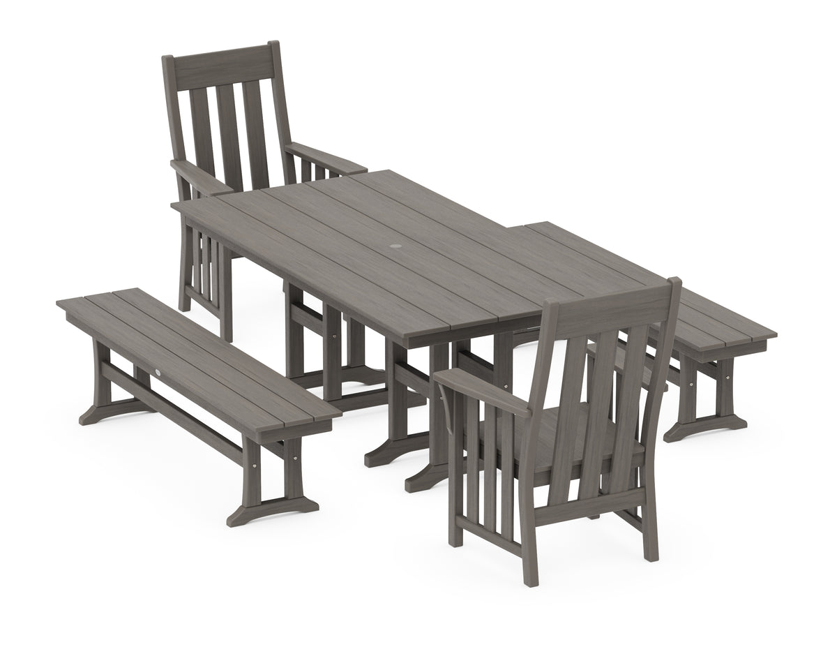 POLYWOOD Acadia 5-Piece Farmhouse Dining Set with Benches in Driftwood