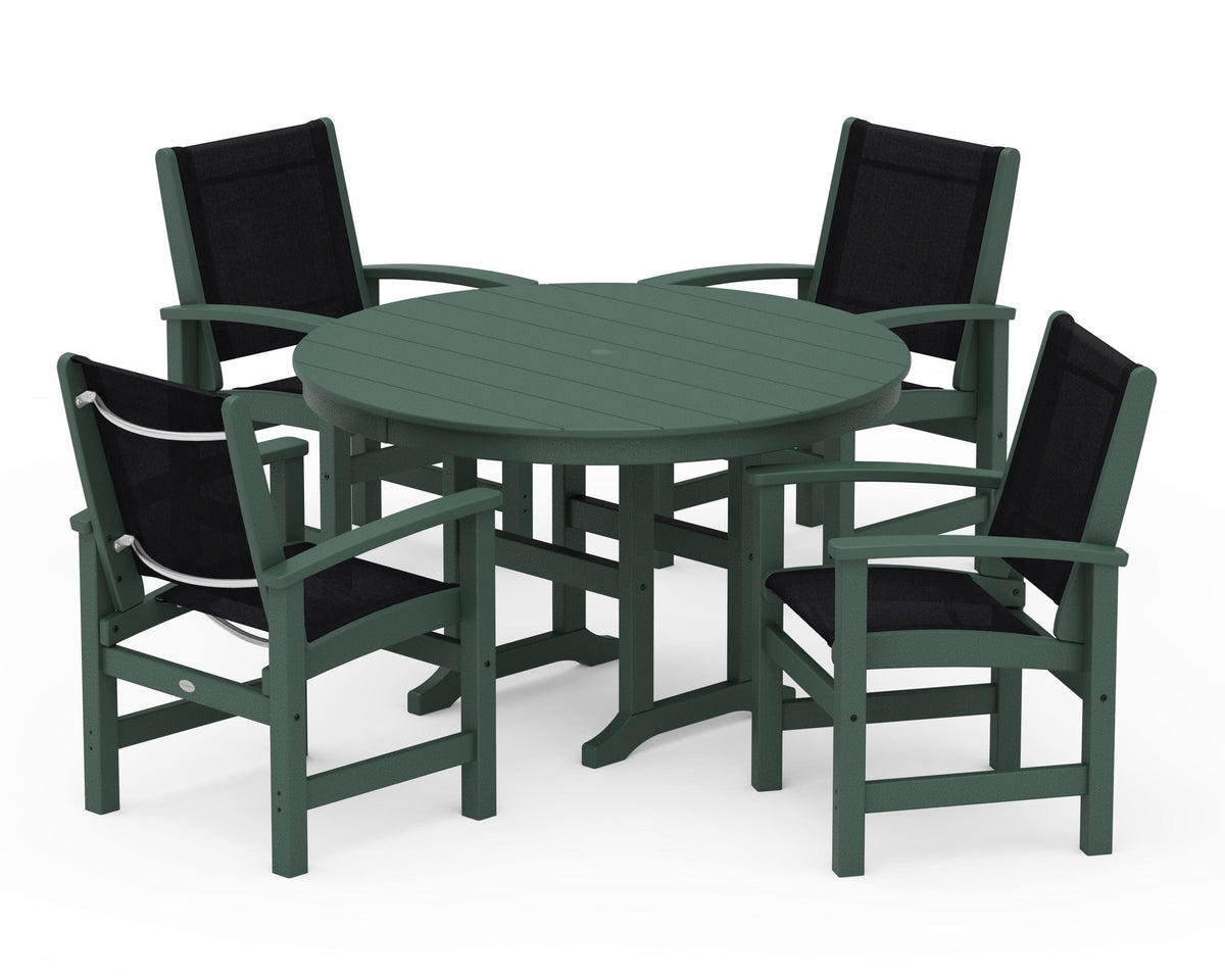 POLYWOOD Coastal 5-Piece Round Farmhouse Dining Set in Green / Black