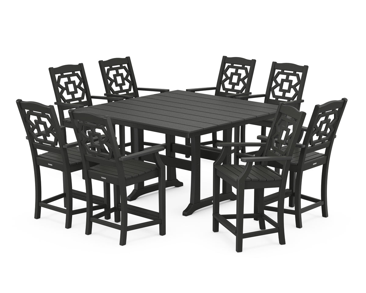 POLYWOOD Chinoiserie 9-Piece Square Farmhouse Counter Set with Trestle Legs in Black