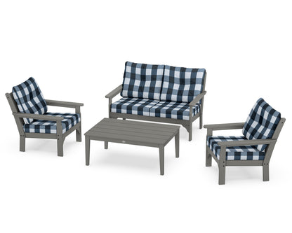 POLYWOOD Vineyard 4-Piece Deep Seating Set with Two Chairs and Loveseat in Slate Grey / Buffalo Plaid Marine Indigo