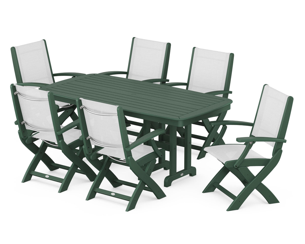 POLYWOOD Coastal Folding Arm Chair 7-Piece Dining Set in Green / White