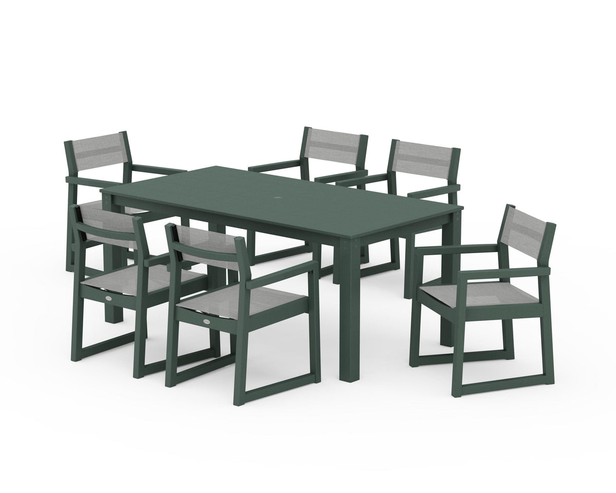 POLYWOOD EDGE Sling Arm Chair 7-Piece Parsons Dining Set in Green / Metallic