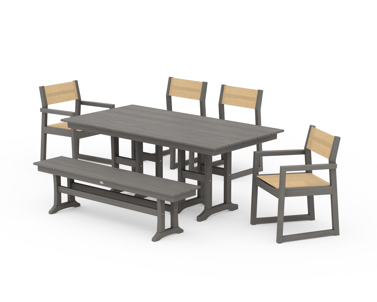 POLYWOOD EDGE Sling 6-Piece Farmhouse Dining Set in Driftwood / Dupioni Apricot