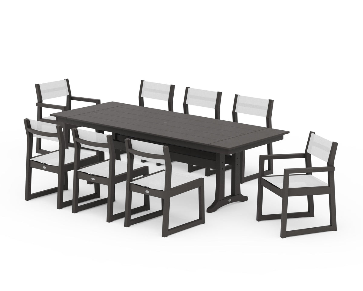POLYWOOD EDGE Sling 9-Piece Farmhouse Trestle Dining Set in Vintage Coffee / White