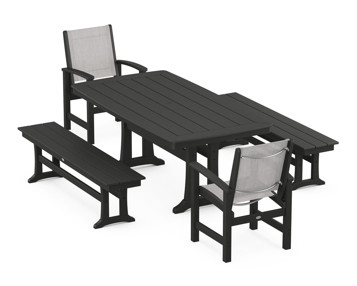 POLYWOOD Coastal 5-Piece Dining Set with Trestle Legs and Benches in Black / Parchment