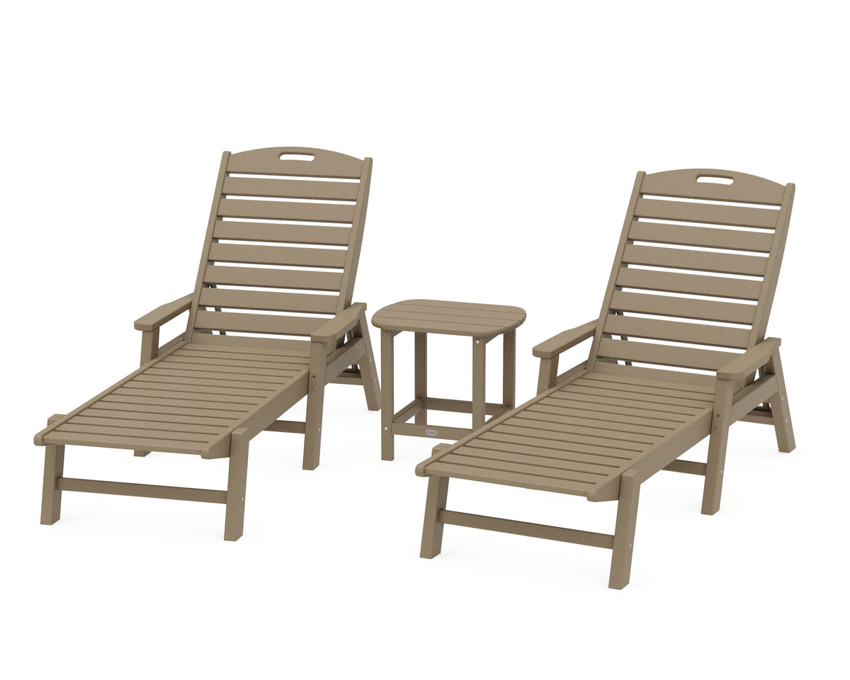 POLYWOOD Nautical 3-Piece Chaise Set with South Beach 18" Side Table in Vintage Sahara