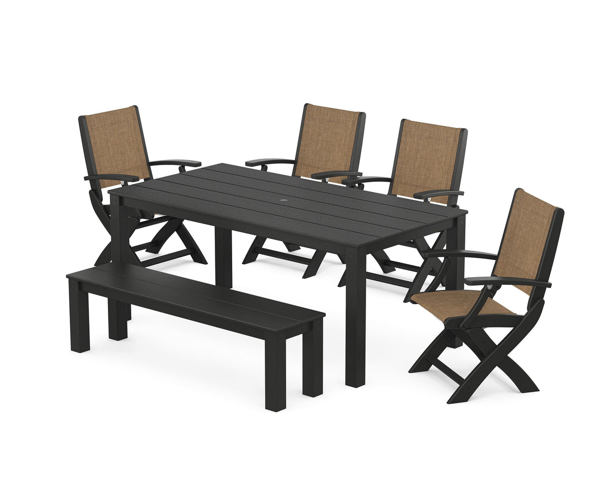 POLYWOOD Coastal Folding Chair 6-Piece Parsons Dining Set with Bench in Black / Burlap