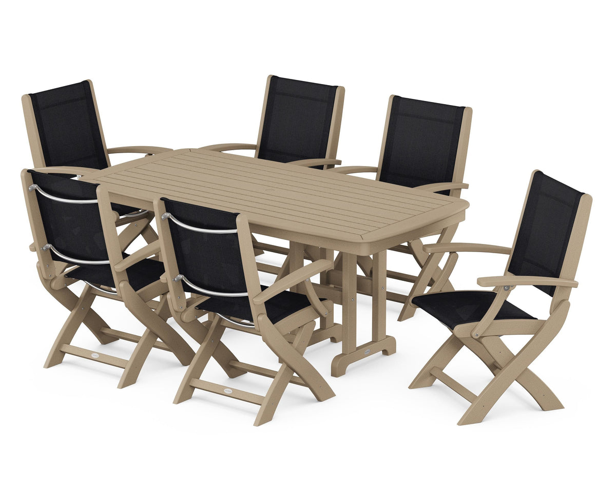 POLYWOOD Coastal Folding Arm Chair 7-Piece Dining Set in Vintage Sahara / Black