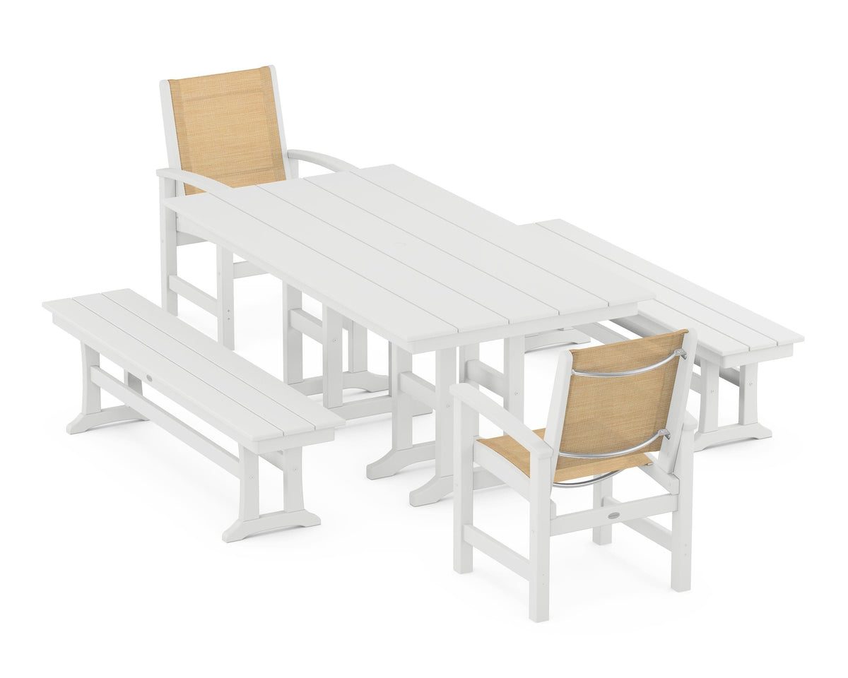 POLYWOOD Coastal 5-Piece Farmhouse Dining Set with Farmhouse 37" x 72" Dining Table in White / Dupioni Apricot