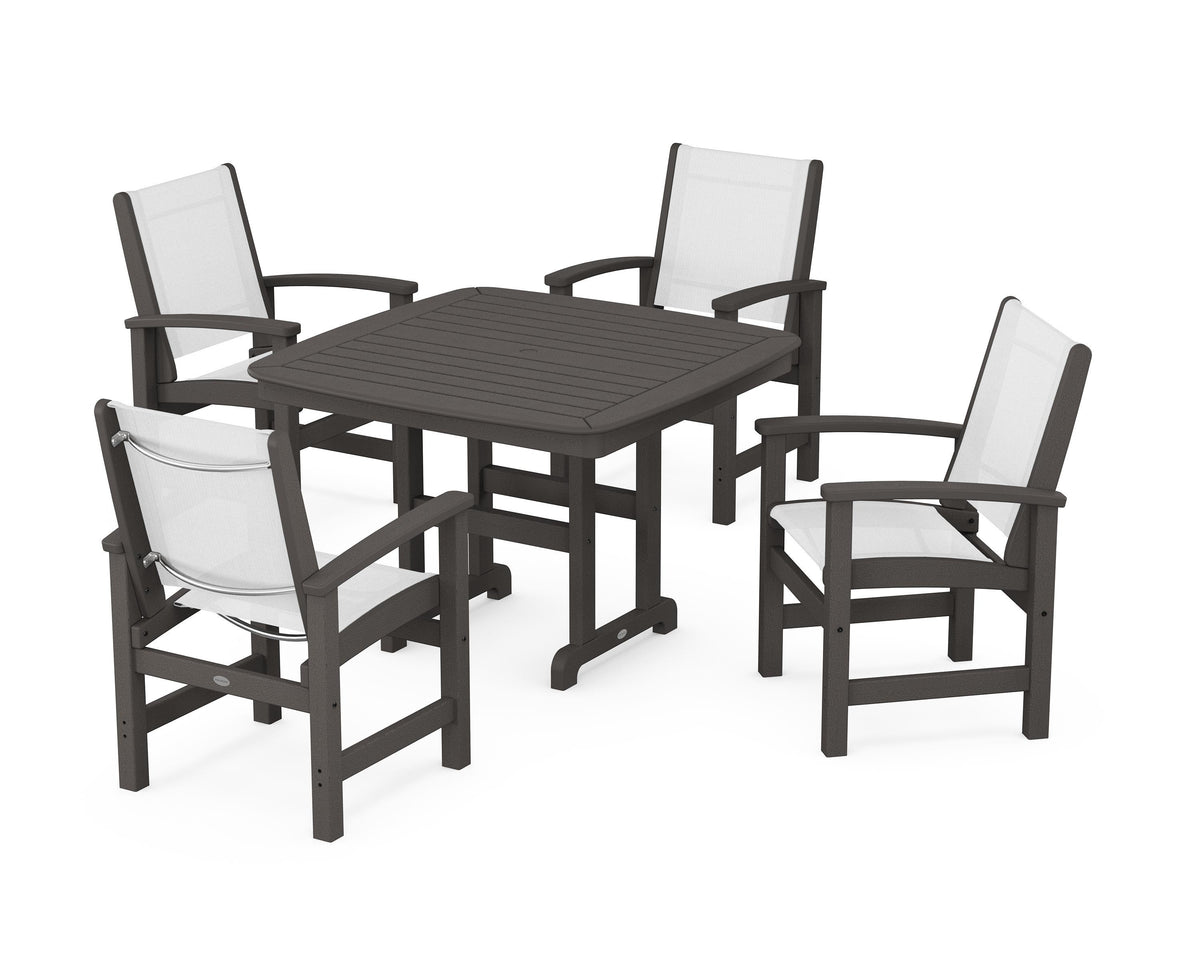 POLYWOOD Coastal 5-Piece Dining Set with Nautical 44" Dining Table in Vintage Coffee / White