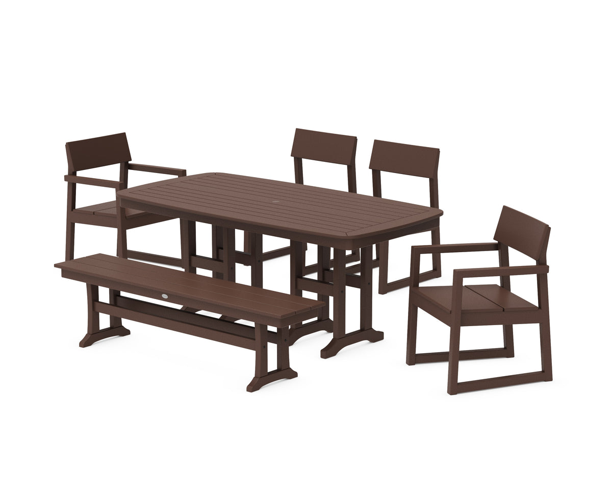 POLYWOOD EDGE 6-Piece Dining Set with Bench (Nautical 37" x 72" Table) in Mahogany