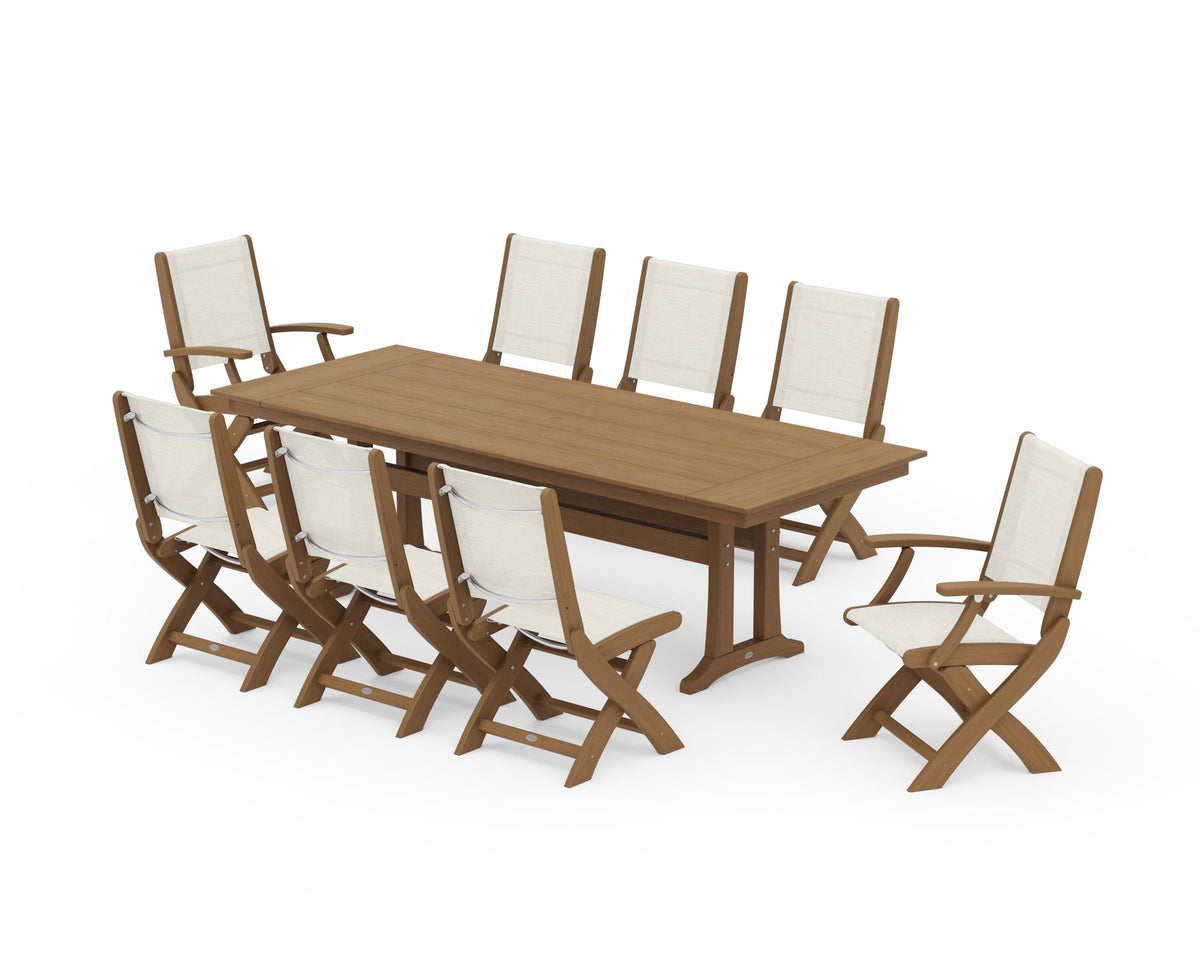 POLYWOOD Coastal 9-Piece Folding Dining Chair Farmhouse Dining Set with Trestle Legs in Natural / Parchment