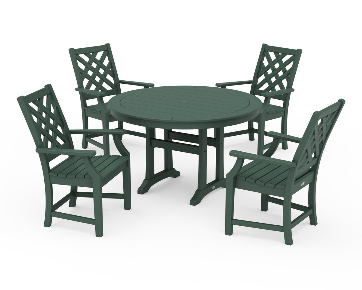 POLYWOOD Wovendale 5-Piece Round Dining Set with Trestle Legs in Green