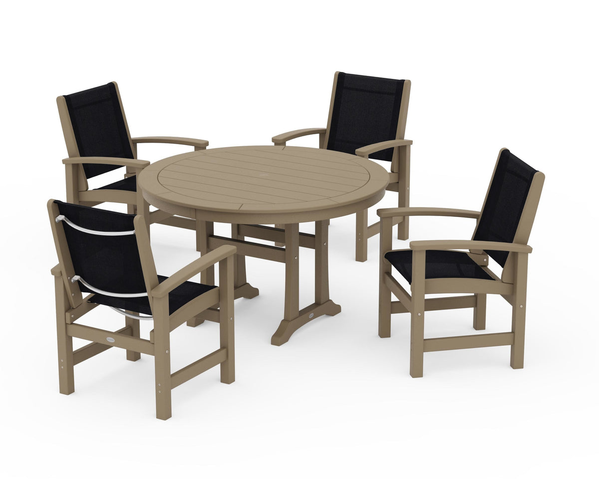 POLYWOOD Coastal 5-Piece Round Dining Set with Trestle Legs in Vintage Sahara / Black
