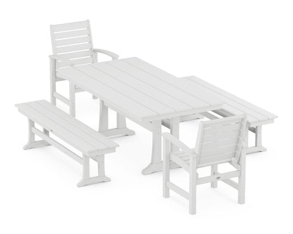 POLYWOOD Signature 5-Piece Farmhouse Dining Set with Trestle Legs - 37" x 72" Table in White