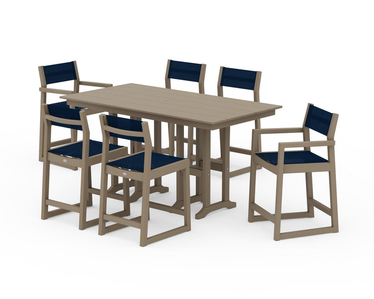 POLYWOOD EDGE Sling 7-Piece Farmhouse Counter Set with Trestle Legs in Vintage Sahara / Navy Blue