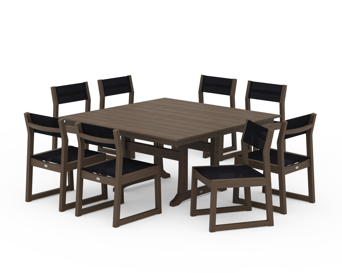 POLYWOOD EDGE Sling Side Chair 9-Piece Farmhouse Trestle Dining Set in Kona / Black
