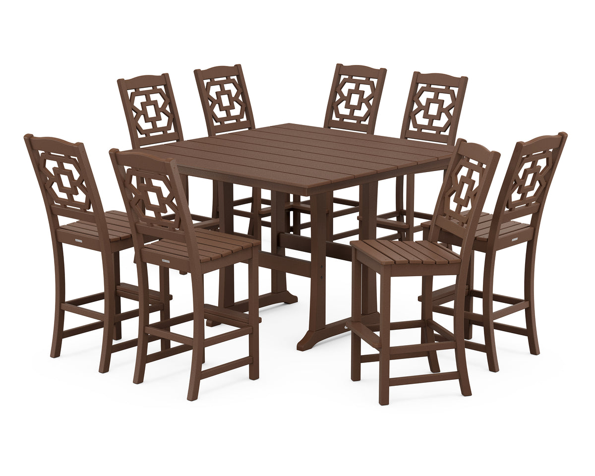 POLYWOOD Chinoiserie 9-Piece Square Farmhouse Side Chair Bar Set with Trestle Legs in Mahogany