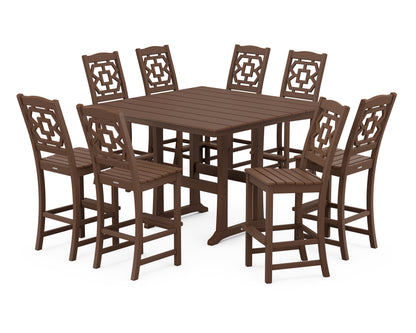 POLYWOOD Chinoiserie 9-Piece Square Farmhouse Side Chair Bar Set with Trestle Legs in Mahogany