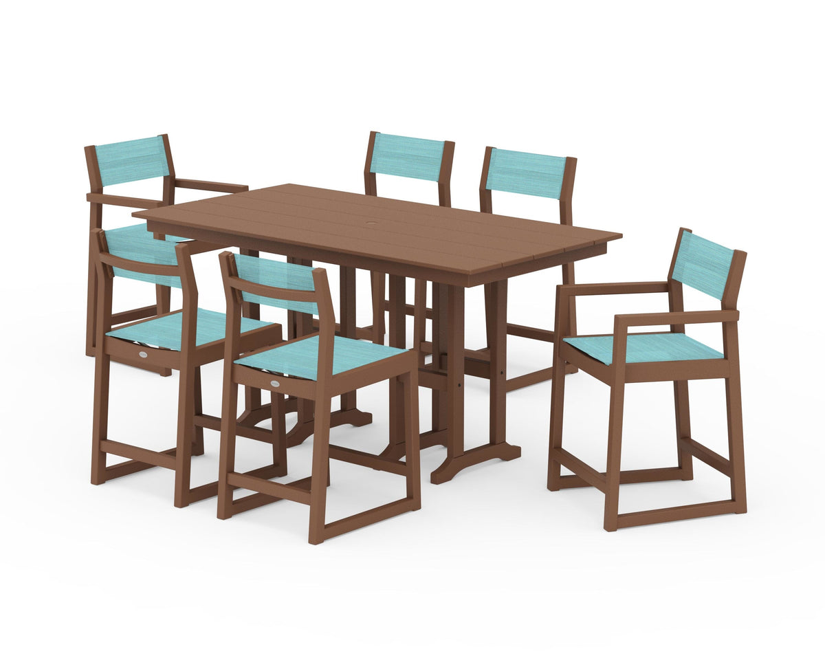 POLYWOOD EDGE Sling 7-Piece Farmhouse Counter Set with Trestle Legs in Teak / Dupioni Aquamarine