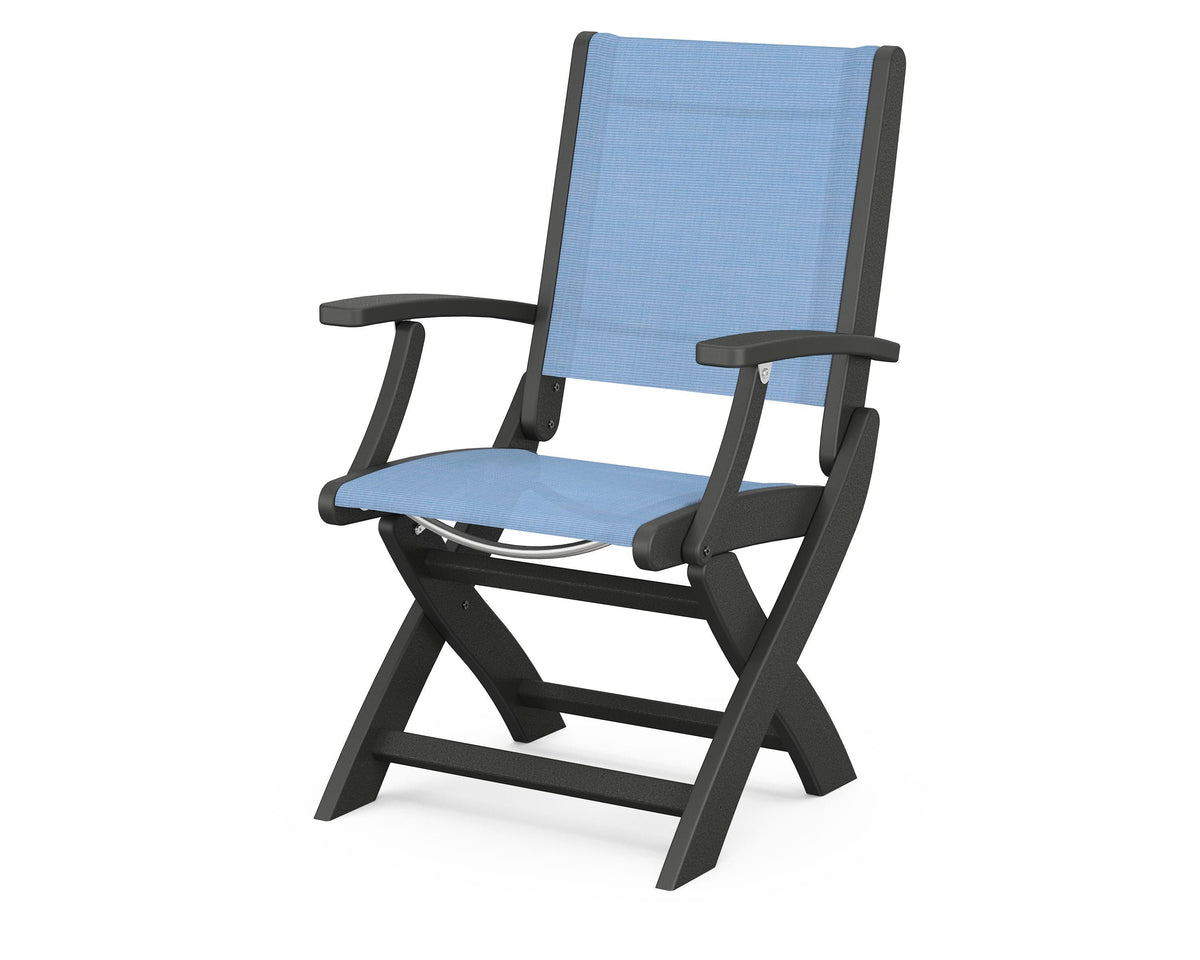 POLYWOOD Coastal Folding Chair in Black with Black arms and Poolside sling