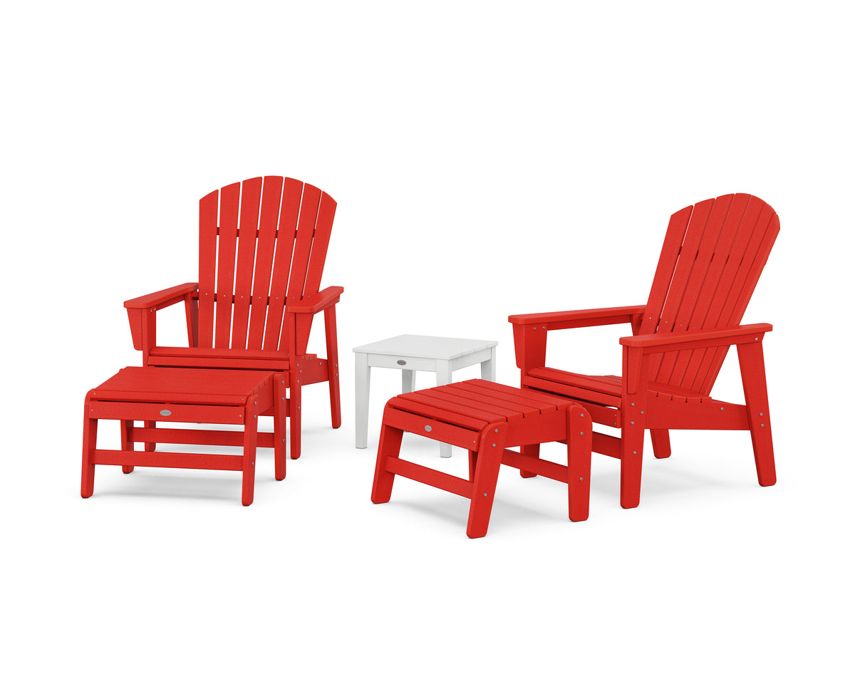 POLYWOOD 5-Piece Nautical Grand Upright Adirondack Set with Ottomans and Side Table in Sunset Red / White