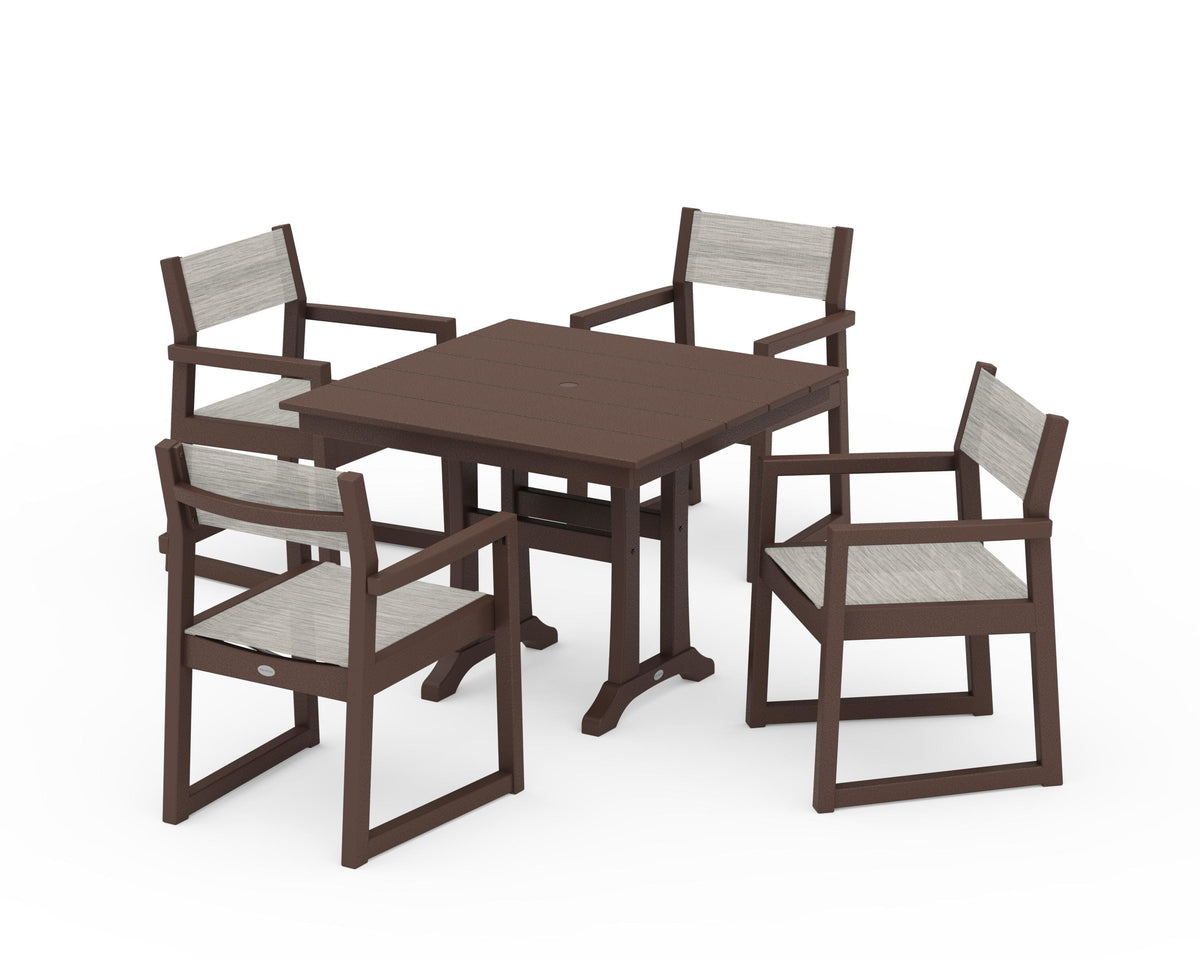 POLYWOOD EDGE Sling 5-Piece Farmhouse Dining Set with Trestle Legs in Mahogany / Birch